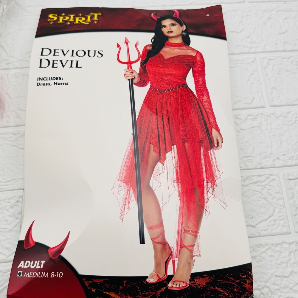 Spirit Devious Devil Costume Adult Medium 8-10 Red Excellent Lace Dress Horns